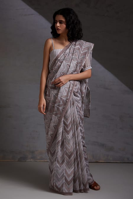 Shikha Malik_Grey Silk, Chanderi Ikagai Hand Block Print Saree _at_Aza_Fashions