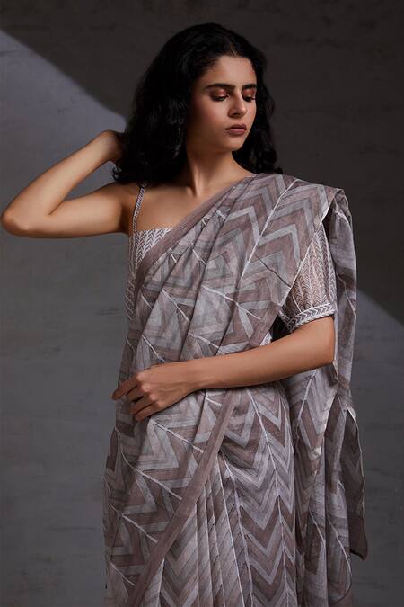 Buy_Shikha Malik_Grey Silk, Chanderi Ikagai Hand Block Print Saree 
