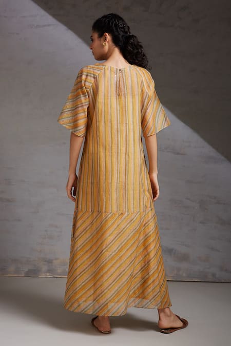 Shop Shikha Malik Yellow Silk, Chanderi Round Neck Dhoop Chaoo Printed Dress at Aza Fashions Shop_Shikha Malik_Yellow Silk, Chanderi Round Neck Dhoop Chaoo Printed Dress _at_Aza_Fashions