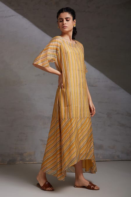 Shikha Malik Yellow Silk, Chanderi Round Neck Dhoop Chaoo Printed Dress Online at Aza Fashions Shikha Malik_Yellow Silk, Chanderi Round Neck Dhoop Chaoo Printed Dress _Online_at_Aza_Fashions