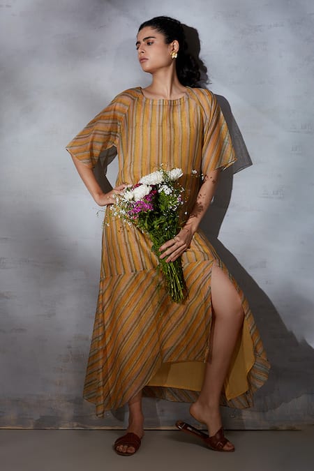 Buy Shikha Malik Yellow Silk, Chanderi Round Neck Dhoop Chaoo Printed Dress Online at Aza Fashions Buy_Shikha Malik_Yellow Silk, Chanderi Round Neck Dhoop Chaoo Printed Dress _Online_at_Aza_Fashions