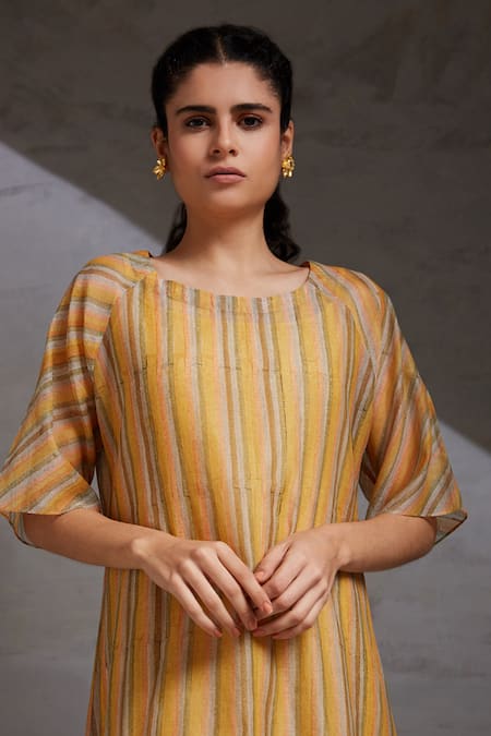 Shop Shikha Malik Yellow Silk, Chanderi Round Neck Dhoop Chaoo Printed Dress Online at Aza Fashions Shop_Shikha Malik_Yellow Silk, Chanderi Round Neck Dhoop Chaoo Printed Dress _Online_at_Aza_Fashions