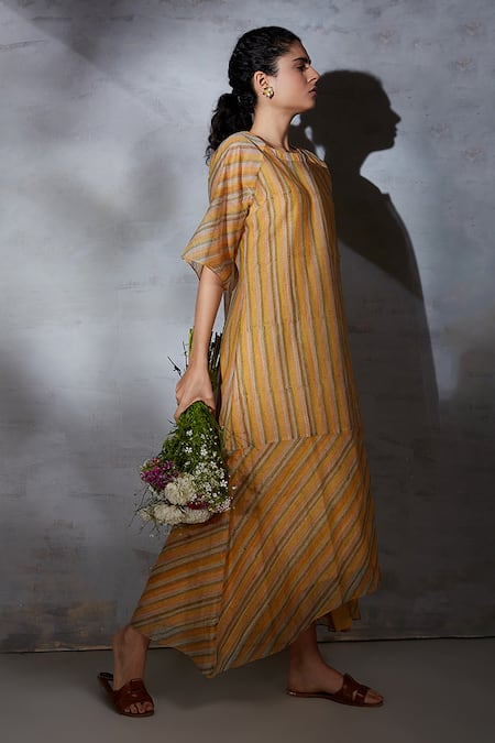 Shikha Malik Yellow Silk, Chanderi Round Neck Dhoop Chaoo Printed Dress at Aza Fashions Shikha Malik_Yellow Silk, Chanderi Round Neck Dhoop Chaoo Printed Dress _at_Aza_Fashions