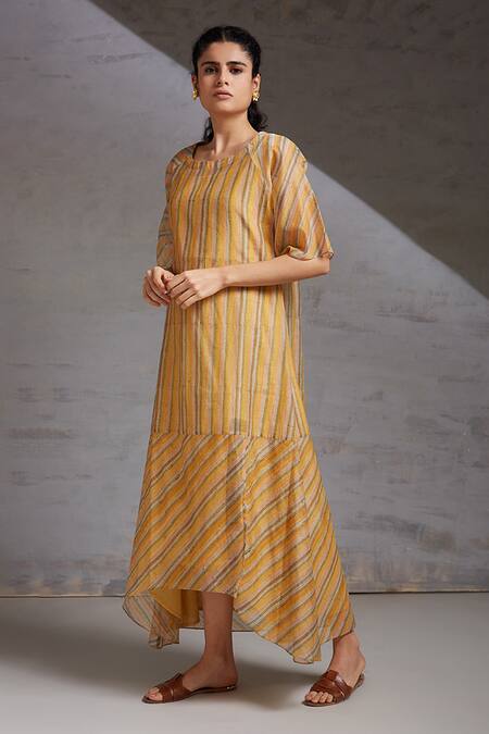 Buy Shikha Malik Yellow Silk, Chanderi Round Neck Dhoop Chaoo Printed Dress Buy_Shikha Malik_Yellow Silk, Chanderi Round Neck Dhoop Chaoo Printed Dress