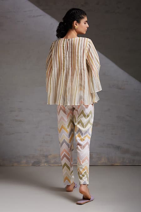 Shop Shikha Malik White Chanderi Round Neck Khamosh Lamhe Stripe Print Top at Aza Fashions Shop_Shikha Malik_White Chanderi Round Neck Khamosh Lamhe Stripe Print Top _at_Aza_Fashions