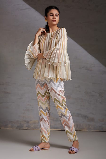 Shikha Malik White Chanderi Round Neck Khamosh Lamhe Stripe Print Top Online at Aza Fashions Shikha Malik_White Chanderi Round Neck Khamosh Lamhe Stripe Print Top _Online_at_Aza_Fashions