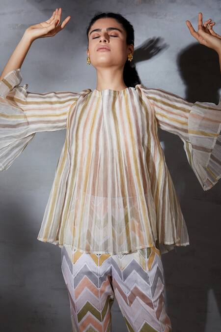 Buy Shikha Malik White Chanderi Round Neck Khamosh Lamhe Stripe Print Top Online at Aza Fashions Buy_Shikha Malik_White Chanderi Round Neck Khamosh Lamhe Stripe Print Top _Online_at_Aza_Fashions