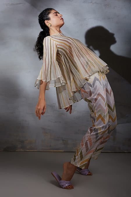 Shop Shikha Malik White Chanderi Round Neck Khamosh Lamhe Stripe Print Top Online at Aza Fashions Shop_Shikha Malik_White Chanderi Round Neck Khamosh Lamhe Stripe Print Top _Online_at_Aza_Fashions