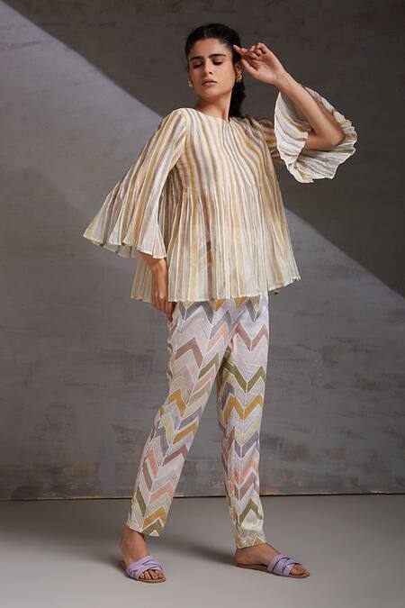 Shikha Malik White Chanderi Round Neck Khamosh Lamhe Stripe Print Top at Aza Fashions Shikha Malik_White Chanderi Round Neck Khamosh Lamhe Stripe Print Top _at_Aza_Fashions