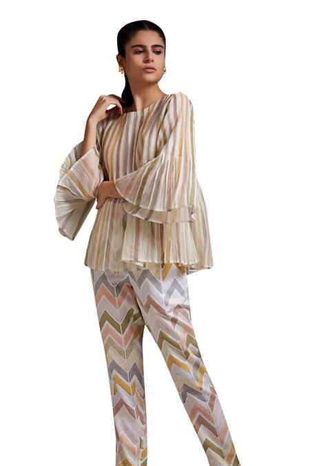 Shop Shikha Malik White Satin Khamosh Lamhe Chevron Print Pant Online at Aza Fashions Shop_Shikha Malik_White Satin Khamosh Lamhe Chevron Print Pant _Online_at_Aza_Fashions