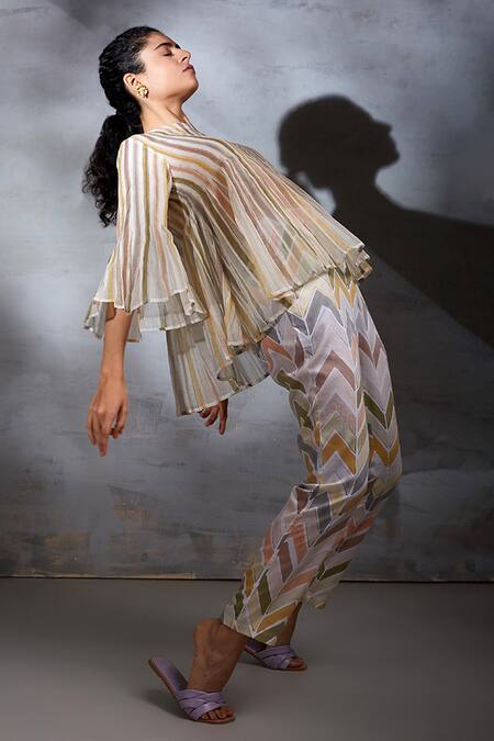 Buy Shikha Malik White Satin Khamosh Lamhe Chevron Print Pant Buy_Shikha Malik_White Satin Khamosh Lamhe Chevron Print Pant