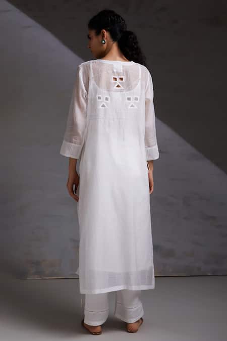 Shop Shikha Malik White Silk, Chanderi Cut Work Round Neck Loka Side Tie-up Kurta Set at Aza Fashions Shop_Shikha Malik_White Silk, Chanderi Cut Work Round Neck Loka Side Tie-up Kurta Set _at_Aza_Fashions