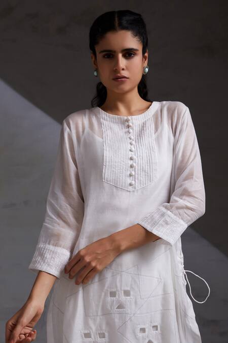 Buy Shikha Malik White Silk, Chanderi Cut Work Round Neck Loka Side Tie-up Kurta Set Online at Aza Fashions Buy_Shikha Malik_White Silk, Chanderi Cut Work Round Neck Loka Side Tie-up Kurta Set _Online_at_Aza_Fashions