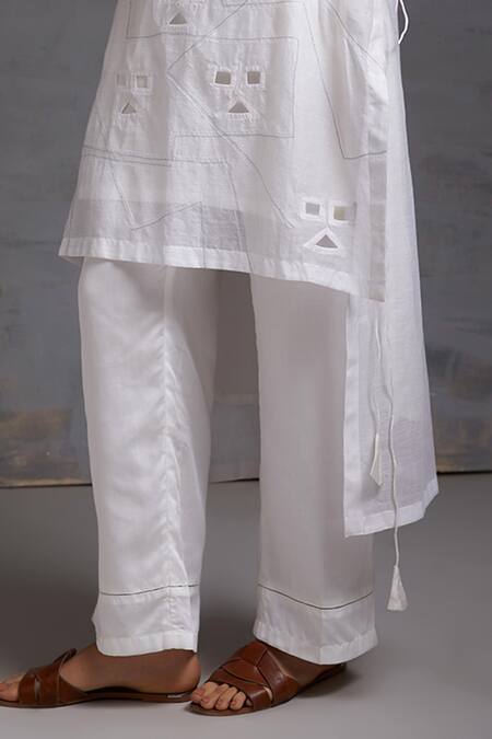 Shop Shikha Malik White Silk, Chanderi Cut Work Round Neck Loka Side Tie-up Kurta Set Online at Aza Fashions Shop_Shikha Malik_White Silk, Chanderi Cut Work Round Neck Loka Side Tie-up Kurta Set _Online_at_Aza_Fashions