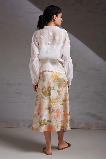 Shop Shikha Malik White Silk, Chanderi Embroidery Collared Natya 3d Floral Detailed Top at Aza Fashions Shop_Shikha Malik_White Silk, Chanderi Embroidery Collared Natya 3d Floral Detailed Top _at_Aza_Fashions