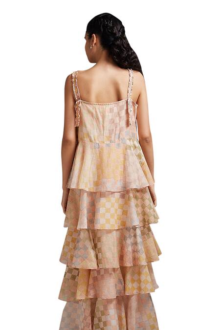 Buy Shikha Malik Multi Color Silk, Chanderi Round Neck Raag Printed Tiered Dress Online at Aza Fashions Buy_Shikha Malik_Multi Color Silk, Chanderi Round Neck Raag Printed Tiered Dress _Online_at_Aza_Fashions