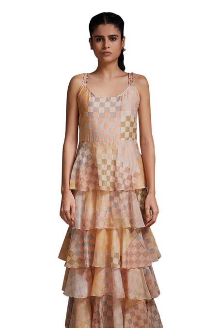 Shop Shikha Malik Multi Color Silk, Chanderi Round Neck Raag Printed Tiered Dress Online at Aza Fashions Shop_Shikha Malik_Multi Color Silk, Chanderi Round Neck Raag Printed Tiered Dress _Online_at_Aza_Fashions