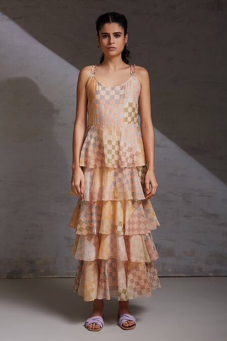 Shikha Malik Multi Color Silk, Chanderi Round Neck Raag Printed Tiered Dress at Aza Fashions Shikha Malik_Multi Color Silk, Chanderi Round Neck Raag Printed Tiered Dress _at_Aza_Fashions