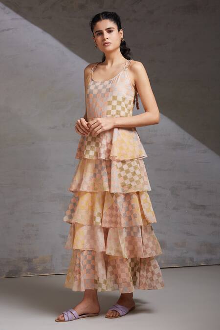 Buy Shikha Malik Multi Color Silk, Chanderi Round Neck Raag Printed Tiered Dress Buy_Shikha Malik_Multi Color Silk, Chanderi Round Neck Raag Printed Tiered Dress