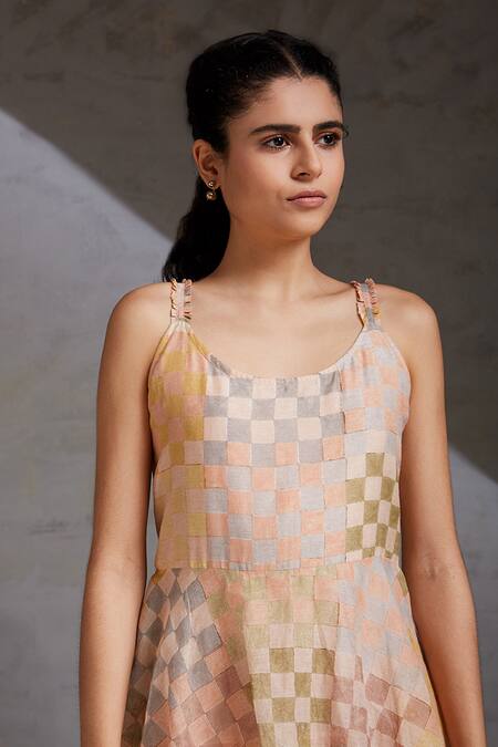 Shop Shikha Malik Multi Color Silk, Chanderi Round Neck Raag Printed Tiered Dress Shop_Shikha Malik_Multi Color Silk, Chanderi Round Neck Raag Printed Tiered Dress