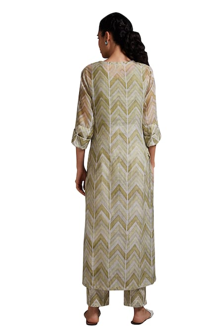 Shop Shikha Malik Green , , Round Chevron Hand Block Print Kurta Set Shop_Shikha Malik_Green , , Round Chevron Hand Block Print Kurta Set