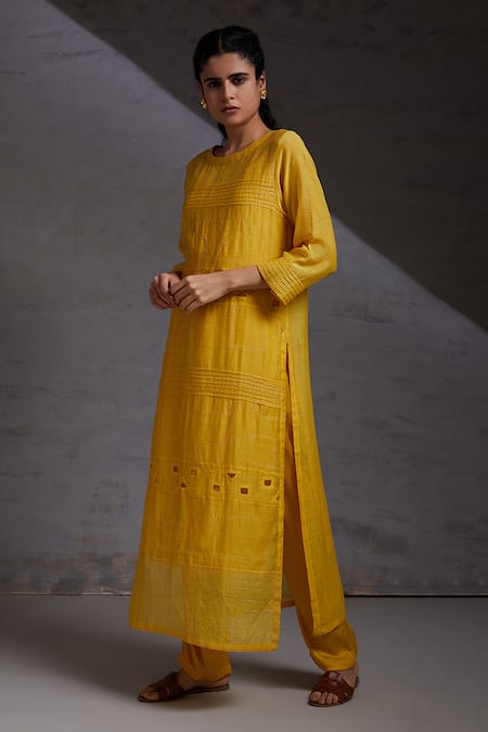 Shikha Malik Yellow Silk, Chanderi Cut Work, Embroidery Pintuck Detailed Straight Kurta Set Online at Aza Fashions Shikha Malik_Yellow Silk, Chanderi Cut Work, Embroidery Pintuck Detailed Straight Kurta Set _Online_at_Aza_Fashions
