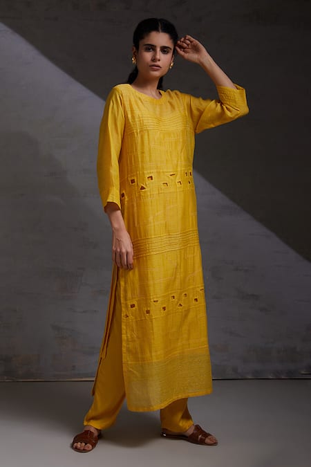 Buy Shikha Malik Yellow Silk, Chanderi Cut Work, Embroidery Pintuck Detailed Straight Kurta Set Online at Aza Fashions Buy_Shikha Malik_Yellow Silk, Chanderi Cut Work, Embroidery Pintuck Detailed Straight Kurta Set _Online_at_Aza_Fashions