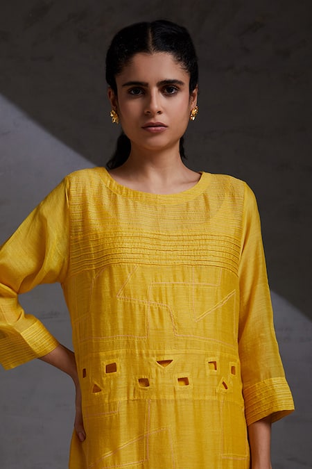 Shop Shikha Malik Yellow Silk, Chanderi Cut Work, Embroidery Pintuck Detailed Straight Kurta Set Online at Aza Fashions Shop_Shikha Malik_Yellow Silk, Chanderi Cut Work, Embroidery Pintuck Detailed Straight Kurta Set _Online_at_Aza_Fashions