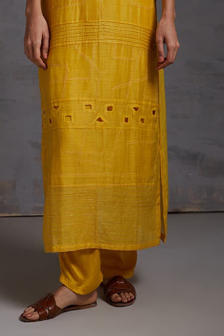 Shikha Malik Yellow Silk, Chanderi Cut Work, Embroidery Pintuck Detailed Straight Kurta Set at Aza Fashions Shikha Malik_Yellow Silk, Chanderi Cut Work, Embroidery Pintuck Detailed Straight Kurta Set _at_Aza_Fashions