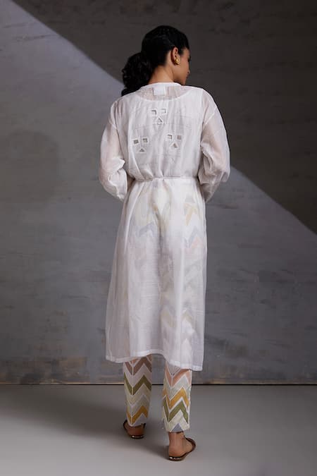 Shop Shikha Malik White Chanderi, Silk Cut Work Round , Open Detailed Jacket Pant Set at Aza Fashions Shop_Shikha Malik_White Chanderi, Silk Cut Work Round , Open Detailed Jacket Pant Set _at_Aza_Fashions