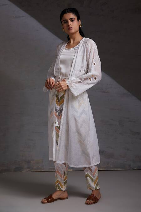 Shikha Malik White Chanderi, Silk Cut Work Round , Open Detailed Jacket Pant Set Online at Aza Fashions Shikha Malik_White Chanderi, Silk Cut Work Round , Open Detailed Jacket Pant Set _Online_at_Aza_Fashions
