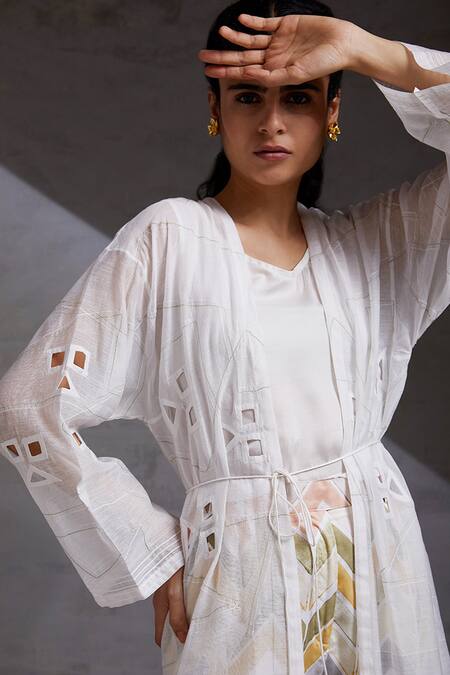 Buy Shikha Malik White Chanderi, Silk Cut Work Round , Open Detailed Jacket Pant Set Online at Aza Fashions Buy_Shikha Malik_White Chanderi, Silk Cut Work Round , Open Detailed Jacket Pant Set _Online_at_Aza_Fashions