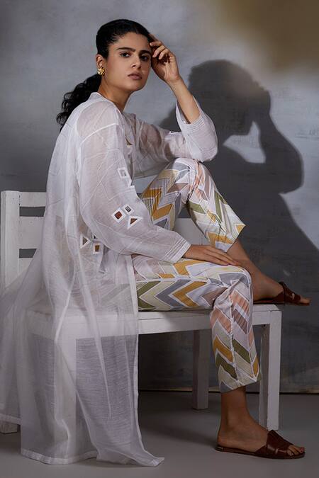 Shop Shikha Malik White Chanderi, Silk Cut Work Round , Open Detailed Jacket Pant Set Online at Aza Fashions Shop_Shikha Malik_White Chanderi, Silk Cut Work Round , Open Detailed Jacket Pant Set _Online_at_Aza_Fashions