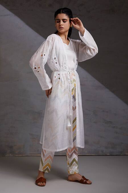 Shikha Malik White Chanderi, Silk Cut Work Round , Open Detailed Jacket Pant Set at Aza Fashions Shikha Malik_White Chanderi, Silk Cut Work Round , Open Detailed Jacket Pant Set _at_Aza_Fashions