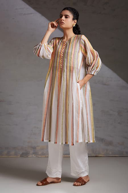 SHIKHA MALIK Stripe Hand Block Print Kurta With Pant 