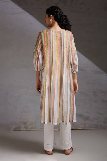 Shop_Shikha Malik_White Silk, Chanderi Embroidery Round Stripe Hand Block Print Kurta With Pant _at_Aza_Fashions