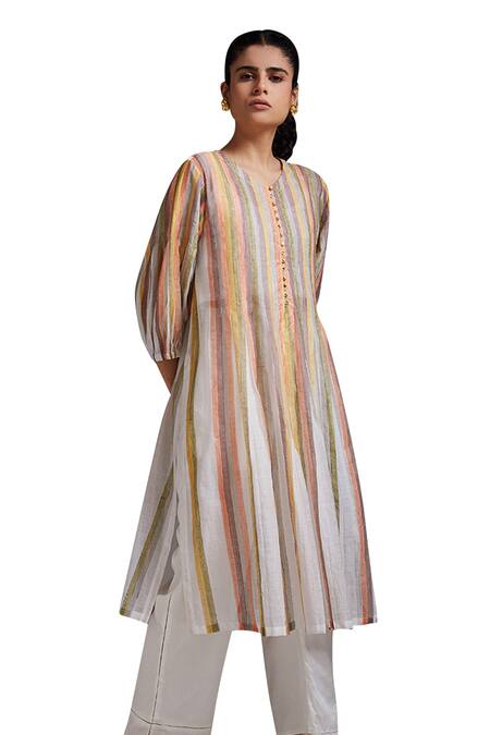 Shikha Malik_White Silk, Chanderi Embroidery Round Stripe Hand Block Print Kurta With Pant _Online_at_Aza_Fashions