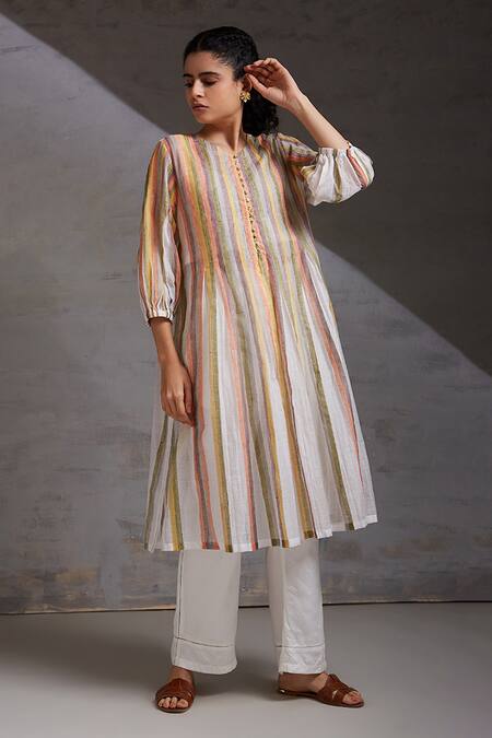 Buy_Shikha Malik_White Silk, Chanderi Embroidery Round Stripe Hand Block Print Kurta With Pant _Online_at_Aza_Fashions