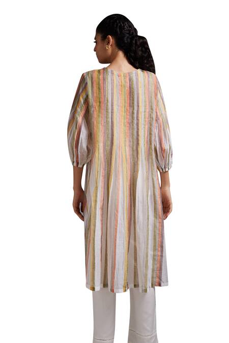 Shop_Shikha Malik_White Silk, Chanderi Embroidery Round Stripe Hand Block Print Kurta With Pant _Online_at_Aza_Fashions