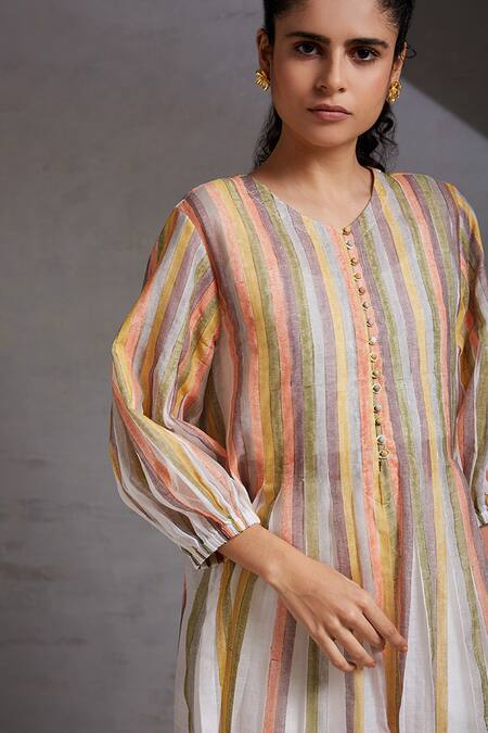 Shikha Malik_White Silk, Chanderi Embroidery Round Stripe Hand Block Print Kurta With Pant _at_Aza_Fashions