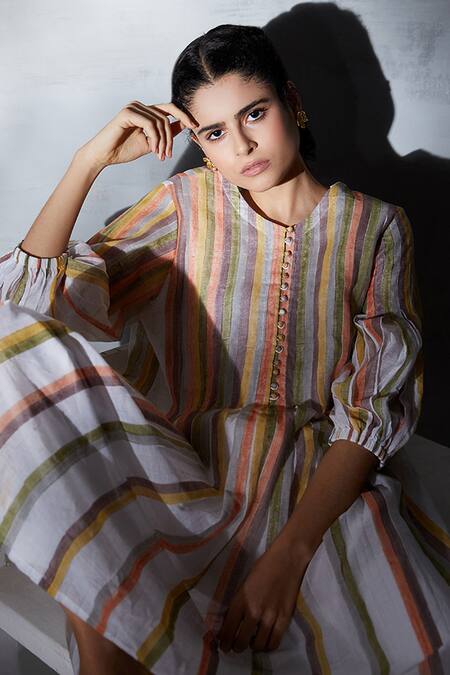 Shop_Shikha Malik_White Silk, Chanderi Embroidery Round Stripe Hand Block Print Kurta With Pant 