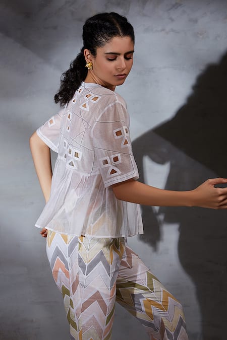 Shop Shikha Malik White Silk, Chanderi Cut Work Round Neck Detailed Top at Aza Fashions Shop_Shikha Malik_White Silk, Chanderi Cut Work Round Neck Detailed Top _at_Aza_Fashions