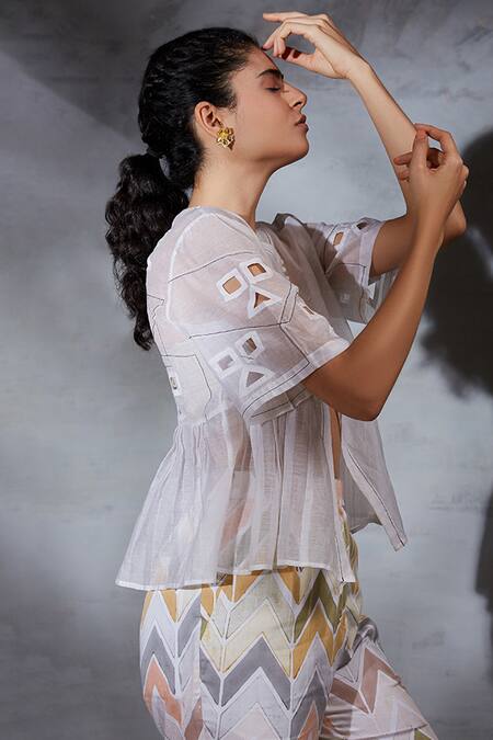 Shikha Malik White Silk, Chanderi Cut Work Round Neck Detailed Top Online at Aza Fashions Shikha Malik_White Silk, Chanderi Cut Work Round Neck Detailed Top _Online_at_Aza_Fashions
