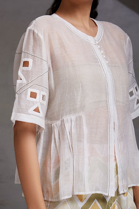 Shop Shikha Malik White Silk, Chanderi Cut Work Round Neck Detailed Top Online at Aza Fashions Shop_Shikha Malik_White Silk, Chanderi Cut Work Round Neck Detailed Top _Online_at_Aza_Fashions