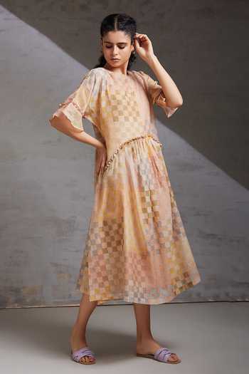 Shikha Malik_Multi Color Silk, Chanderi Round Neck Checks Hand Block Print Dress _Online_at_Aza_Fashions
