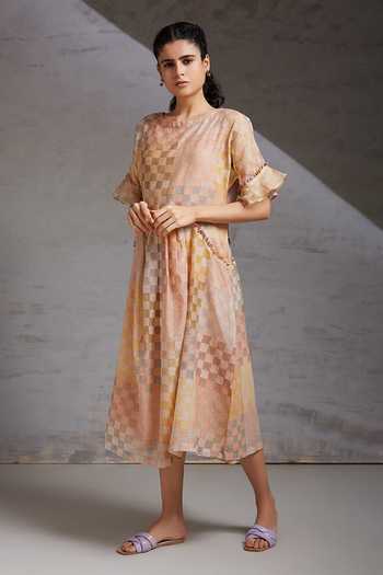 Buy_Shikha Malik_Multi Color Silk, Chanderi Round Neck Checks Hand Block Print Dress _Online_at_Aza_Fashions