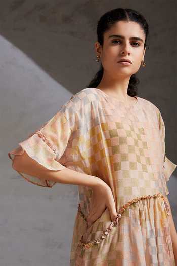 Shop_Shikha Malik_Multi Color Silk, Chanderi Round Neck Checks Hand Block Print Dress _Online_at_Aza_Fashions