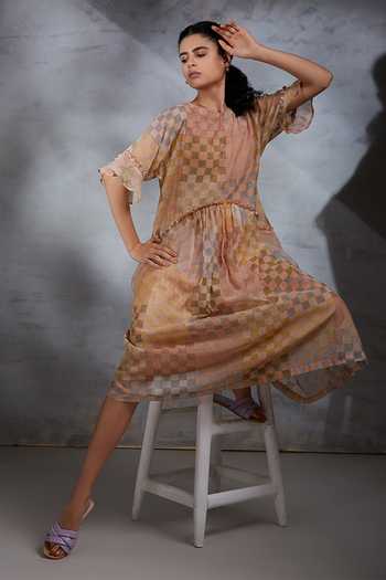 Shikha Malik_Multi Color Silk, Chanderi Round Neck Checks Hand Block Print Dress _at_Aza_Fashions