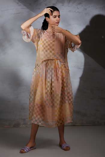 Buy_Shikha Malik_Multi Color Silk, Chanderi Round Neck Checks Hand Block Print Dress 