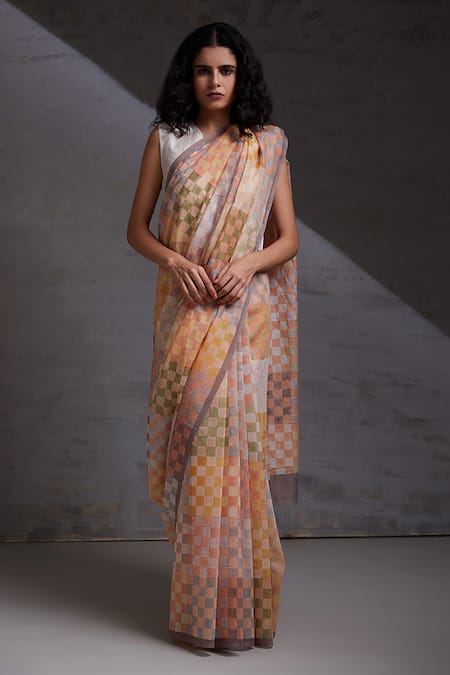 SHIKHA MALIK Checks Hand Block Print Saree 